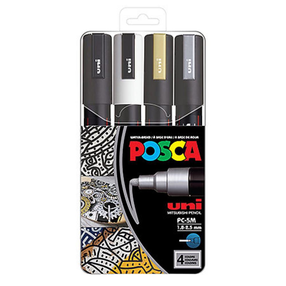 Posca, Paint Marker, Art & School, 4 color, Set, Medium, PC-5M, Metallic, Gold, Silver, Black, White, 891458